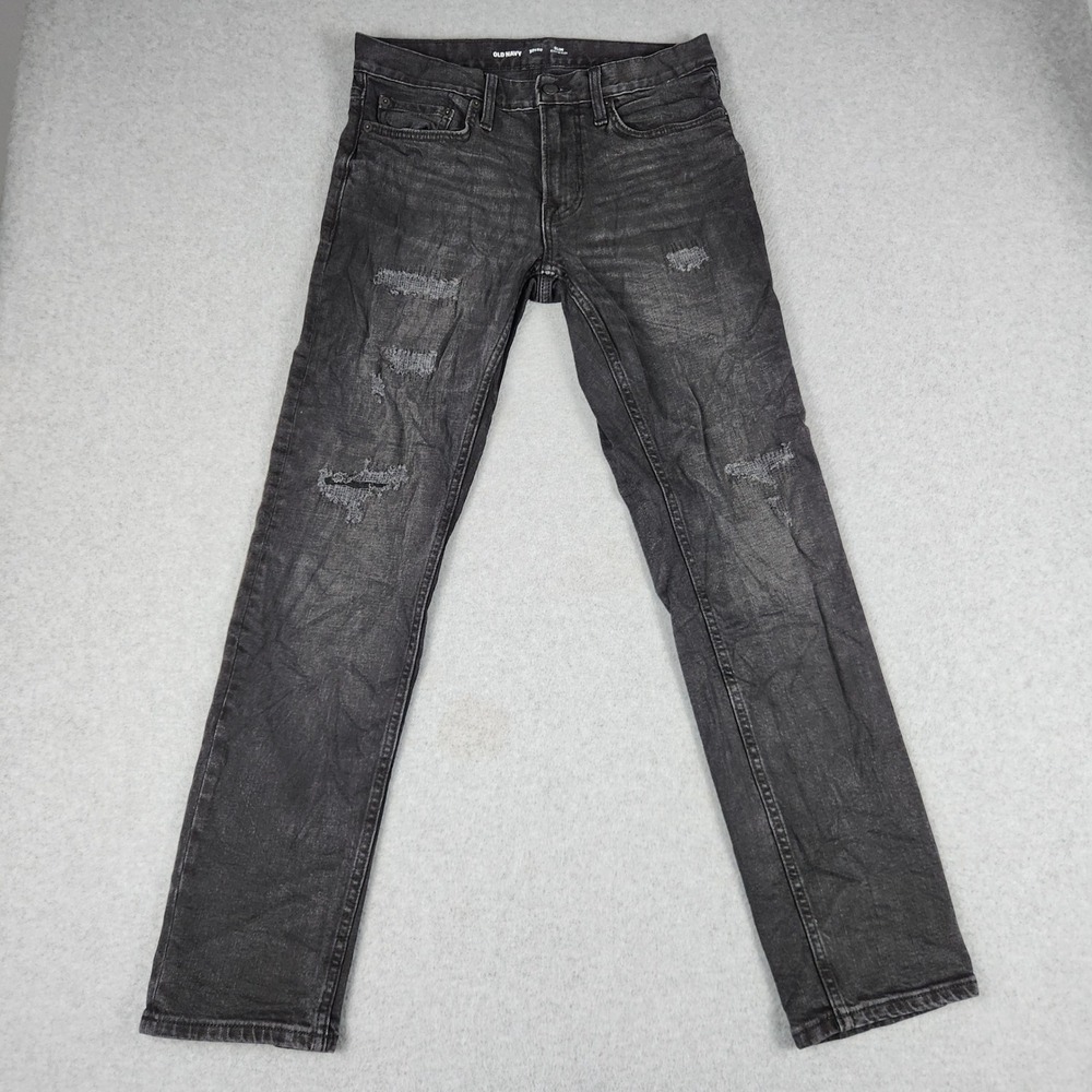 Old Navy Jeans Mens 30x30 Black Denim Slim Built-In Flex Distressed Straight Leg